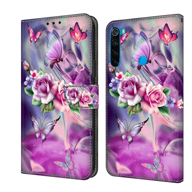 Leather phone case with purple-pink butterfly and floral print, magnetic flip cover