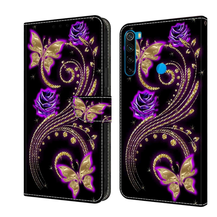 Leather phone case with purple rose and butterfly glitter design, flip cover