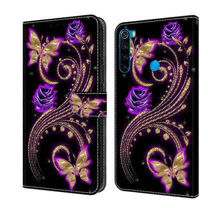 Leather phone case with purple rose and butterfly glitter design, flip cover