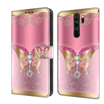 Leather phone case with pink floral butterflies and gold glitter trim, flip cover