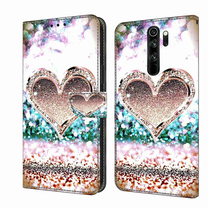 Leather phone case with heart-shaped glitter frame and colorful bokeh, flip cover