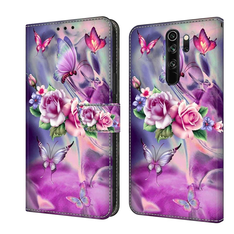Leather phone case with purple floral butterflies and pink roses print, flip cover