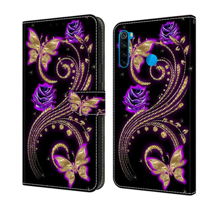 Leather flip phone case with purple-gold butterfly and ornate swirl design.