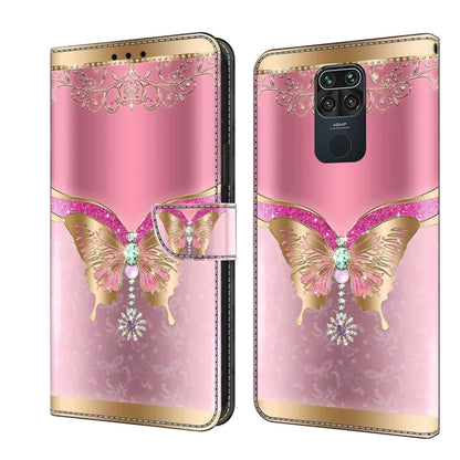 Bifold wallet phone case with pink floral ornament, golden trim, and butterflies