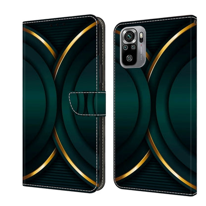 Shockproof leather phone case with dark teal curved arcs and gold trim