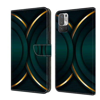 Protective phone case with dark teal wave pattern and gold curved accents