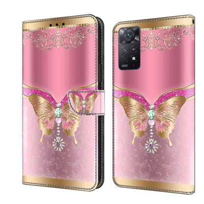 Leather phone case with pink butterfly, lace trim, and gold crystal embellishments.