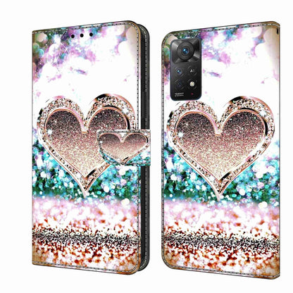 Leather phone case with glitter heart design and colorful sparkles, dual cover view.