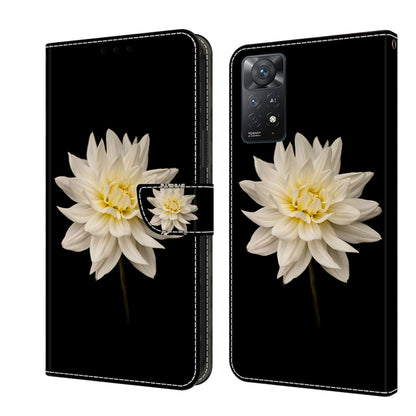 Leather phone case with white flower blossom and small decorative flower, flip cover design.