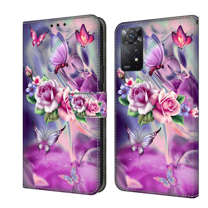 Leather phone case with purple floral butterflies and pastel roses, dual-view wallet cover.