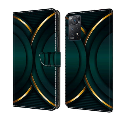 Protective leather phone case with teal geometric arcs and gold trim