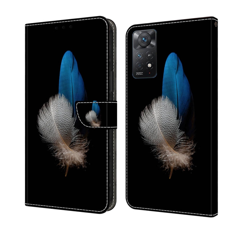 Protective leather phone case with blue feather and sparkly gray feather design