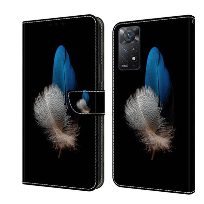 Protective leather phone case with blue feather and sparkly gray feather design