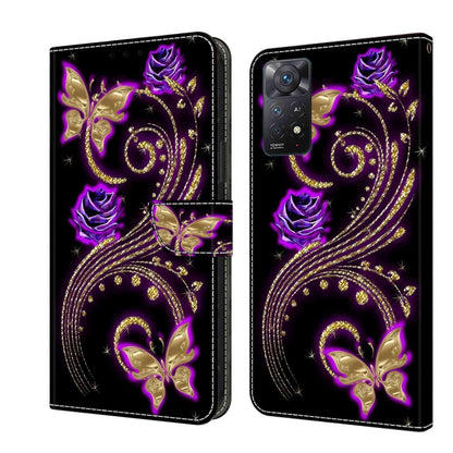 Protective leather phone case with purple bird motifs and gold glitter detailing