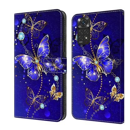 Leather phone case with blue butterfly crystal pattern and gemstone accents