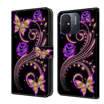 Crystal 3D shockproof leather phone case with purple floral and butterfly ornaments