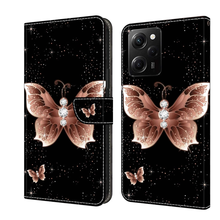 Rose-gold butterfly leather-style wallet phone case with starry speckles and side flap.