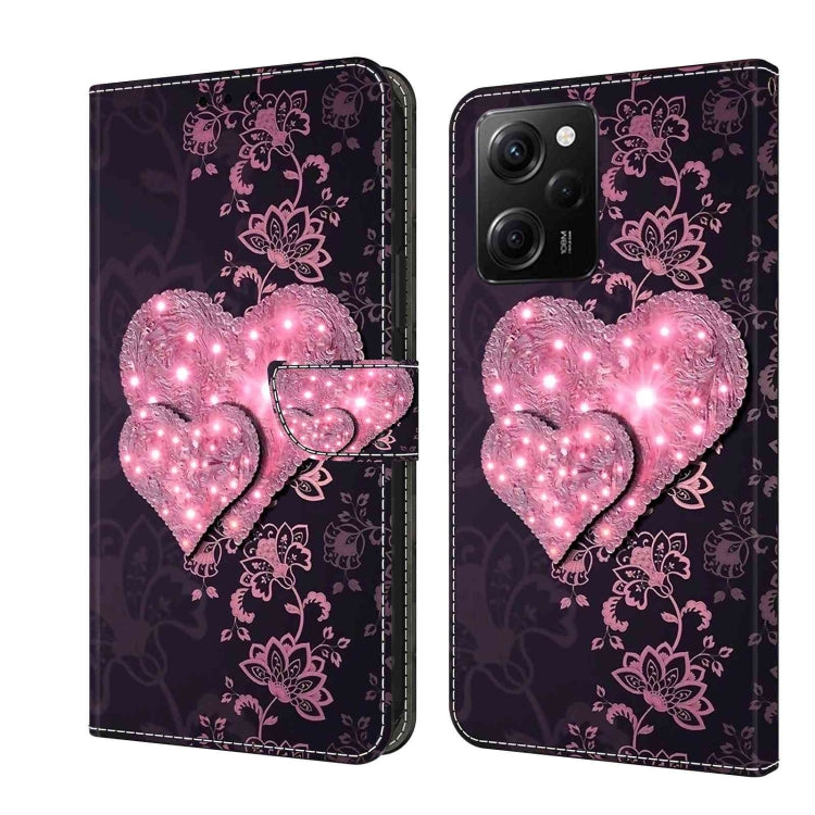 Protective leather phone case with glowing pink heart and floral lace pattern