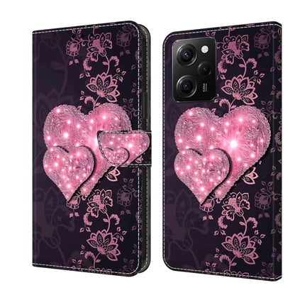 Protective leather phone case with glowing pink heart and floral lace pattern