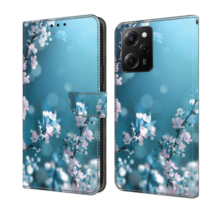 Protective leather phone case with light blue background and pink blossom pattern
