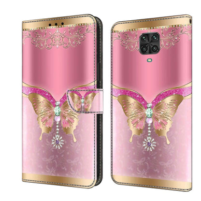 Leather wallet phone case with pink butterflies and gold lace-style trim design