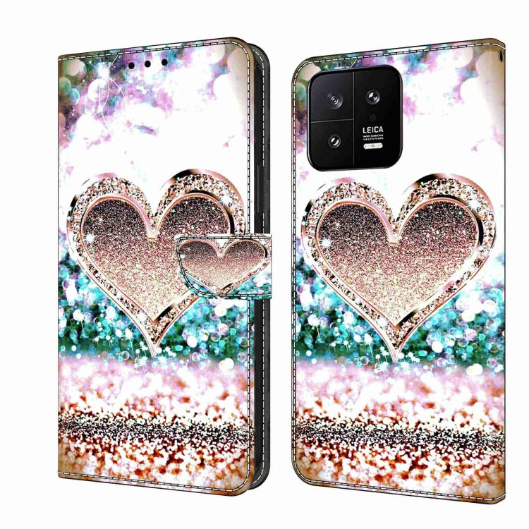 Multicolor glitter heart leather wallet phone case with rose-gold butterfly details