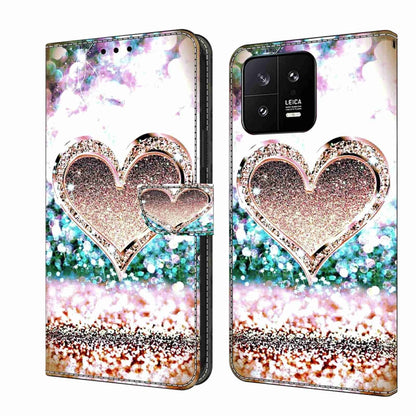 Multicolor glitter heart leather wallet phone case with rose-gold butterfly details