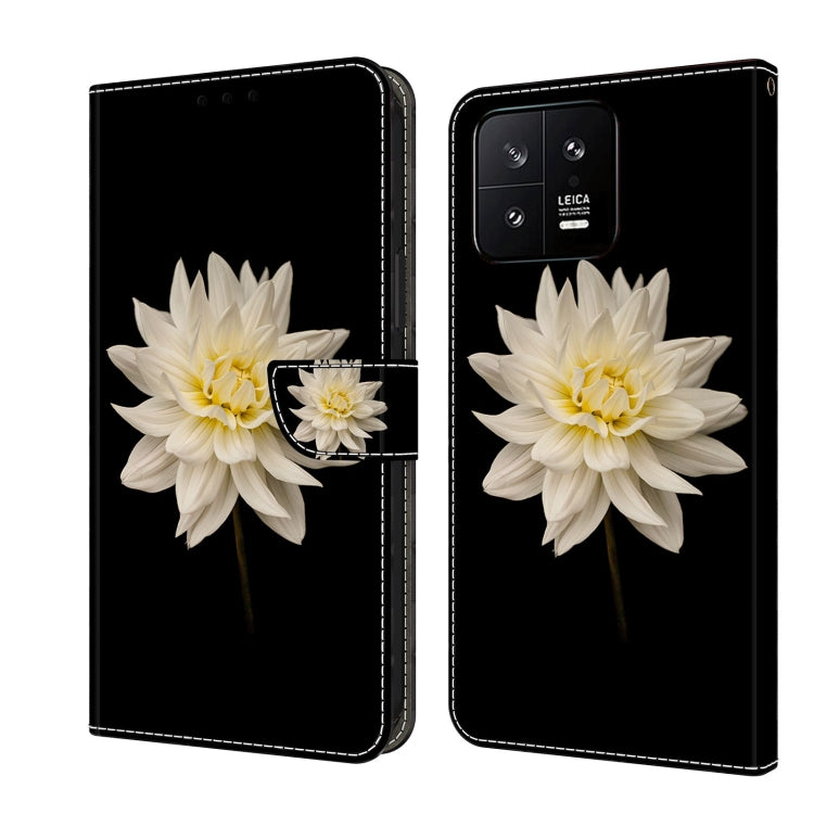 Black leather wallet phone case with white lotus flower and crystal sparkle accents