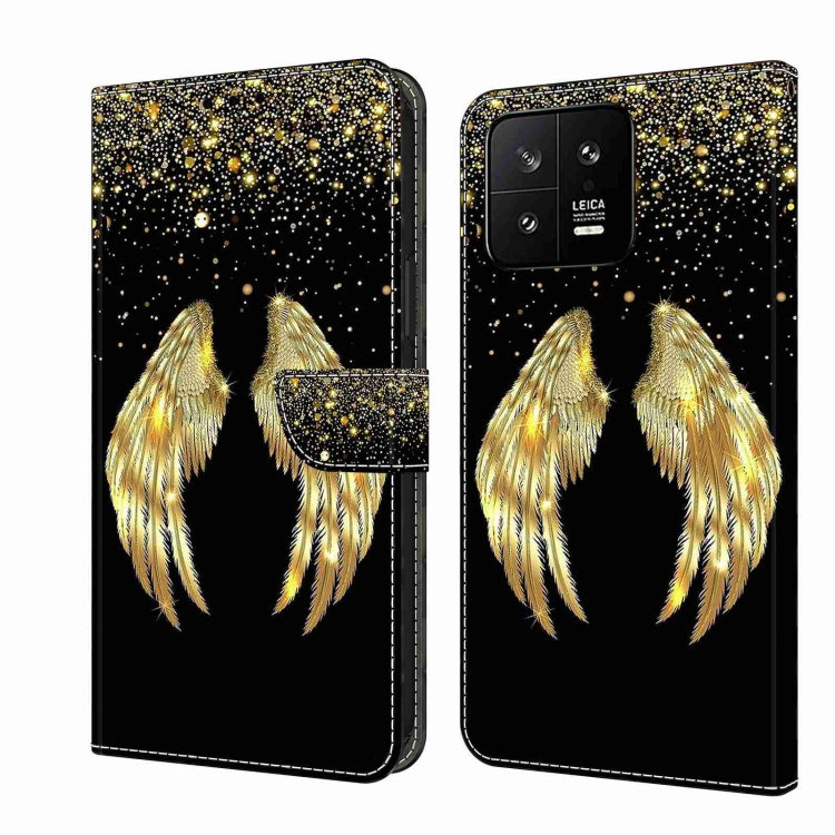 Black leather phone case with glitter stars and gold feather wings, wallet clasp