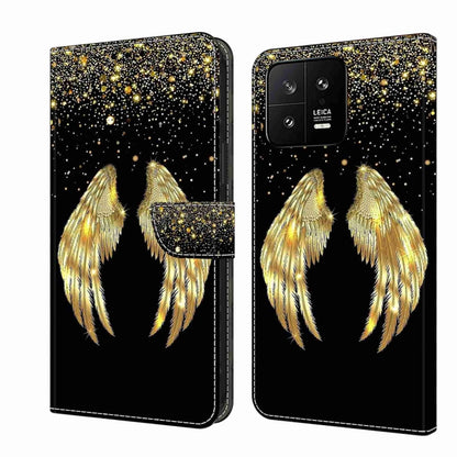 Black leather phone case with glitter stars and gold feather wings, wallet clasp