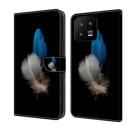Black leather phone case with blue feather art, magnetic wallet clasp