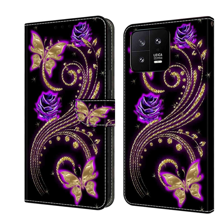 Leather phone case with purple butterfly and gold swirl crystal artwork, dual-view cover.