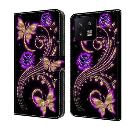 Leather phone case with purple butterfly and gold swirl crystal artwork, dual-view cover.
