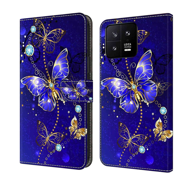 Leather phone case with blue butterfly, gold accents, and crystal-like gems on a dual cover.