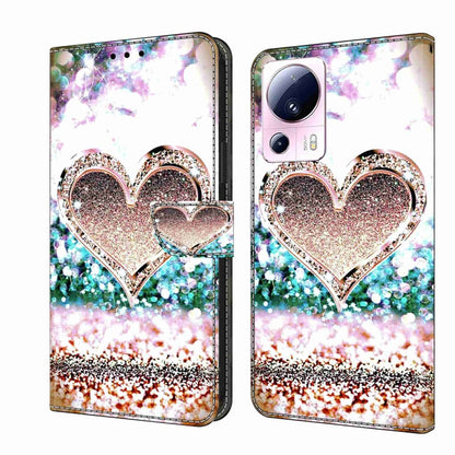 Wallet-style leather phone case with glitter heart butterfly design, pink and teal tones