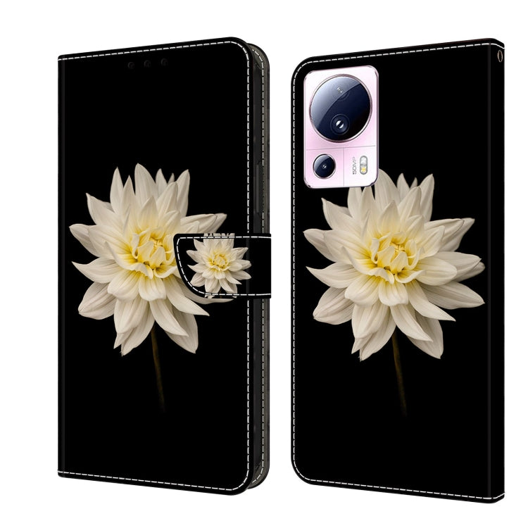 Wallet-style leather phone case with white flower applique and flower cutout on black