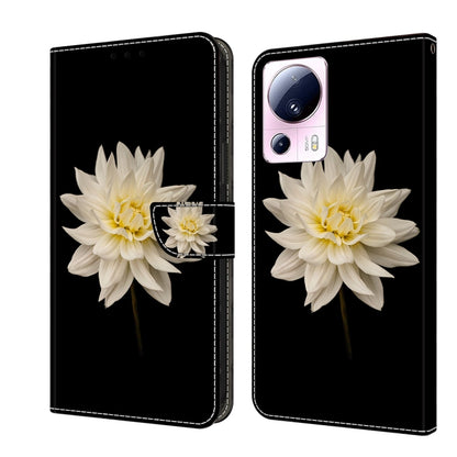 Wallet-style leather phone case with white flower applique and flower cutout on black