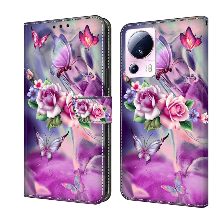 Wallet-style leather phone case with purple floral butterfly and rose bouquet artwork