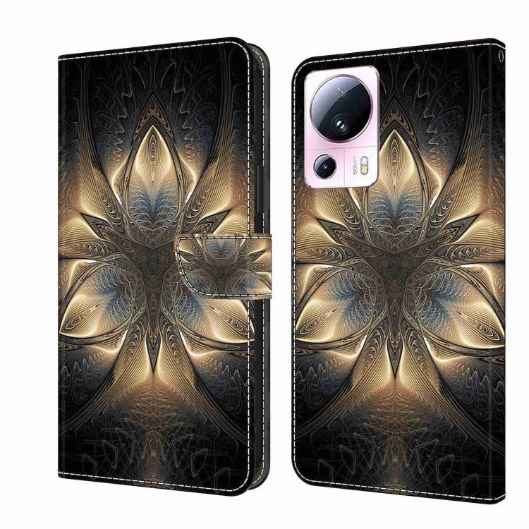 Wallet-style leather phone case with gold and blue ornamental embossed pattern on black