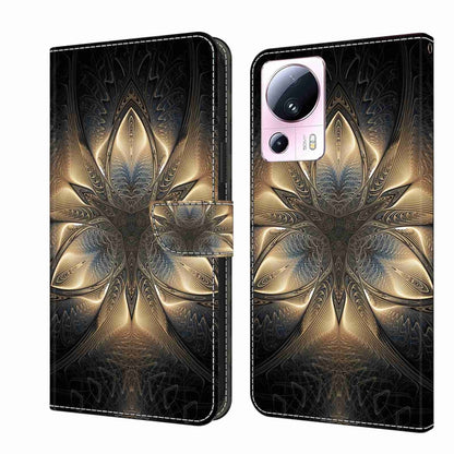 Wallet-style leather phone case with gold and blue ornamental embossed pattern on black