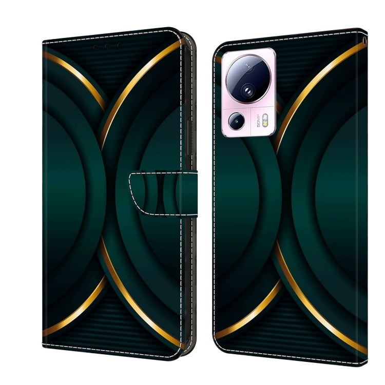 Wallet-style leather phone case with dark teal base and gold curved accent lines