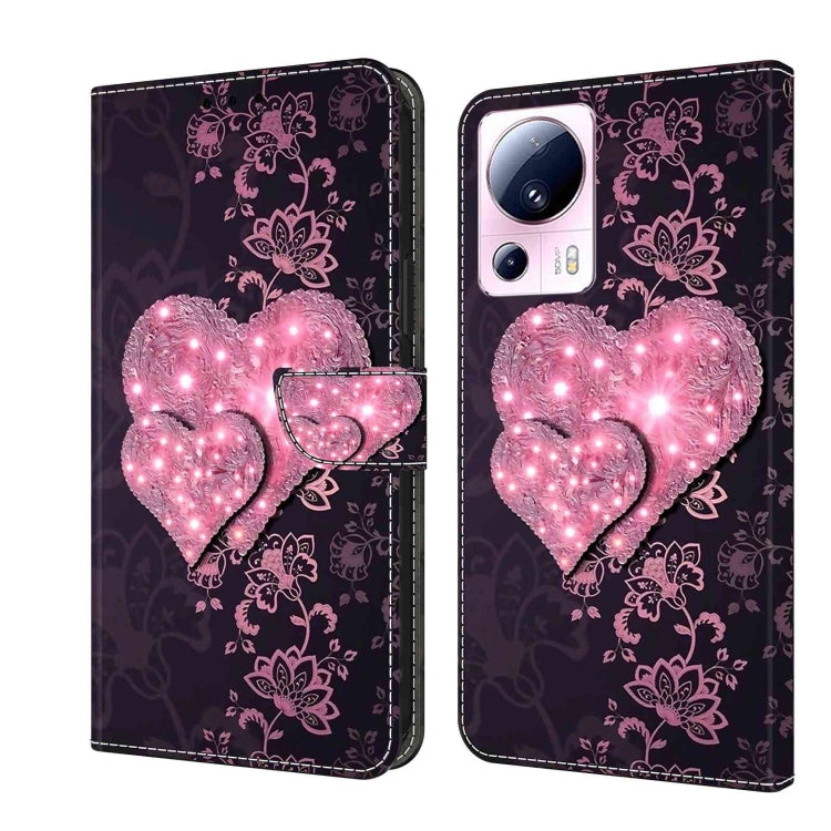 Wallet-style leather phone case with pink glowing hearts and floral vines on dark purple