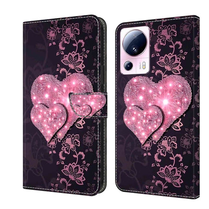 Wallet-style leather phone case with pink glowing hearts and floral vines on dark purple
