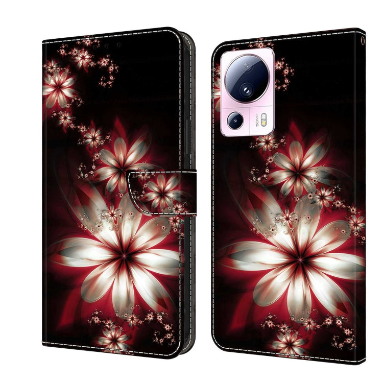 Wallet-style leather phone case with red and white flower burst design on black