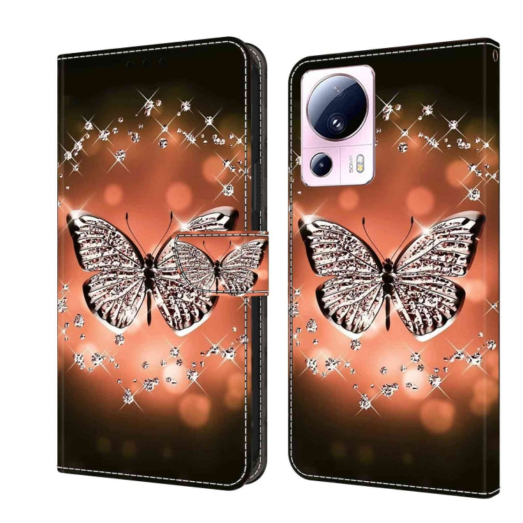Leather phone case with orange butterfly crystal design and fold-over wallet flap