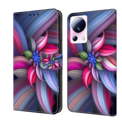 Leather phone case with colorful abstract flower pattern and fold-over wallet flap