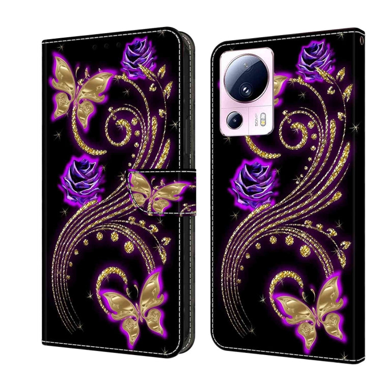 Leather phone case with purple butterfly and gold swirl crystal detailing, wallet flap