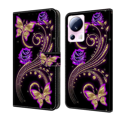 Leather phone case with purple butterfly and gold swirl crystal detailing, wallet flap