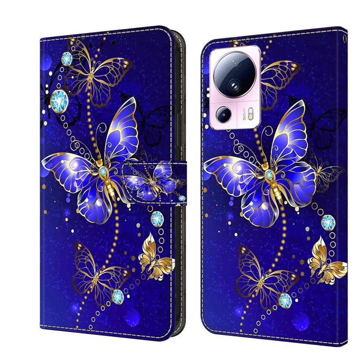 Leather phone case with blue butterflies, pearls, and crystal accents, wallet flap