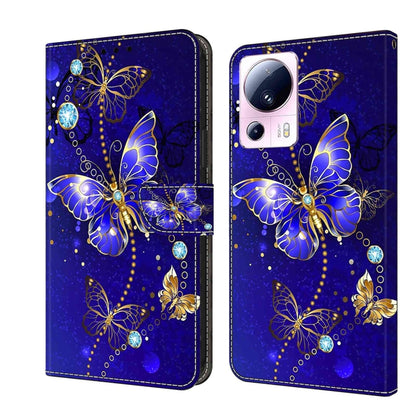 Leather phone case with blue butterflies, pearls, and crystal accents, wallet flap